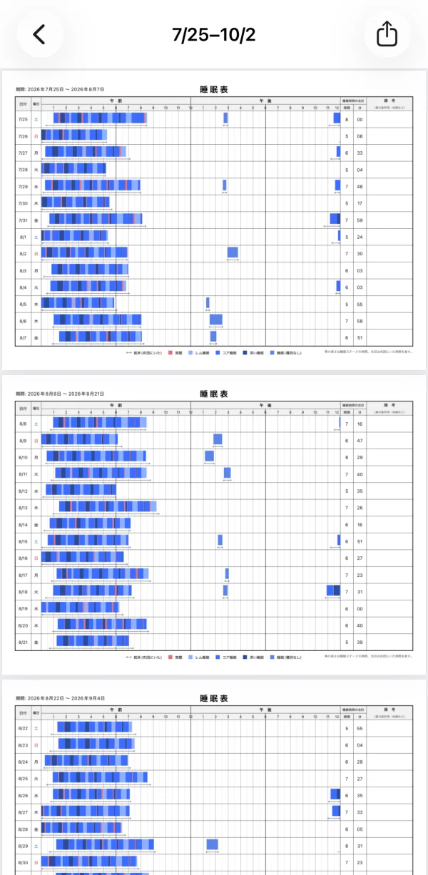 作成した睡眠表のプレビュー画面
